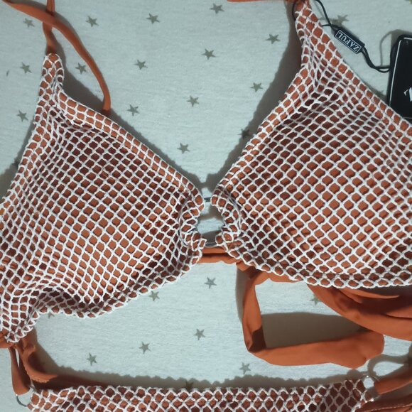NWT Zaful crochet o ring fish net orange bikini S Small - Picture 2 of 9